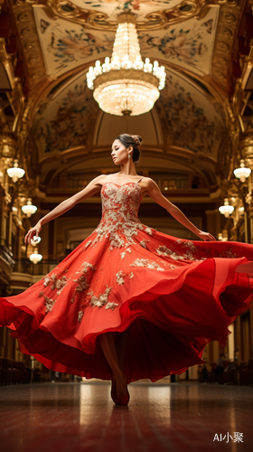 Graceful Ballerina in Vibrant Red Dress: Capturing Anticipation and Excitement in a Grand Opera House