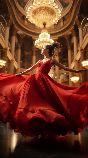 Graceful Ballerina in Vibrant Red Dress: Capturing Anticipation and Excitement in a Grand Opera House