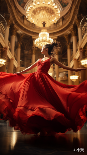 Graceful Ballerina in Vibrant Red Dress: Capturing Anticipation and Excitement in a Grand Opera House