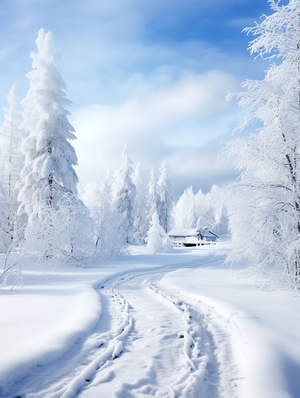 冬天雪景，小木透出灯光，史诗般的景色，透视超现实，超广角，摄影明亮柔和，意境优美，超精细细节，超高清画质，