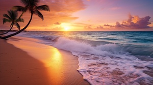 A serene beach at sunset, with golden sand stretching as far as the eye can see, gentle waves crashing onto the shore, a glowing orange sun sinking below the horizon, warm hues of pink and purple filling the sky, a solitary palm tree swaying in the breeze, fine art photography, shot with a wide-angle lens ar 16:9