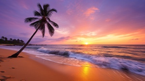 A serene beach at sunset, with golden sand stretching as far as the eye can see, gentle waves crashing onto the shore, a glowing orange sun sinking below the horizon, warm hues of pink and purple filling the sky, a solitary palm tree swaying in the breeze, fine art photography, shot with a wide-angle lens ar 16:9