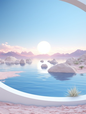 White circle stage , sea landscape ,3d design , desert scene , in the style of light white and light blue ,daz3d, blue pink and light amber , zen like tranquility ,8k resolution , landscape inspirations , spiky mounds