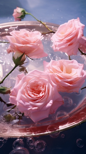 pink roses float in water on a large plate, in the style of ricoh r1, realistic yet ethereal, y2k aesthetic, charles spencelayh, sparkling water reflections, webcam photography, edwardian beauty ,超清晰，超高清