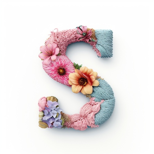 Letter Design , Handwritten Alphabet letter S, with a surface covered in knitted yarn , intricate details , Knitted peonyflower , Front view , white background