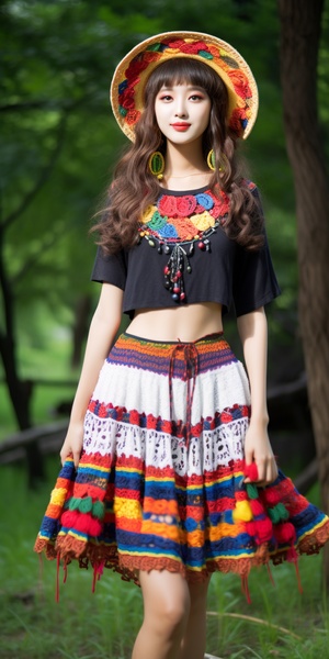 undefined crochet short knitting works, retro national headdress whole body national wind skirt beautiful face, colorful, full body photos, creative v 6.0ar 1:1