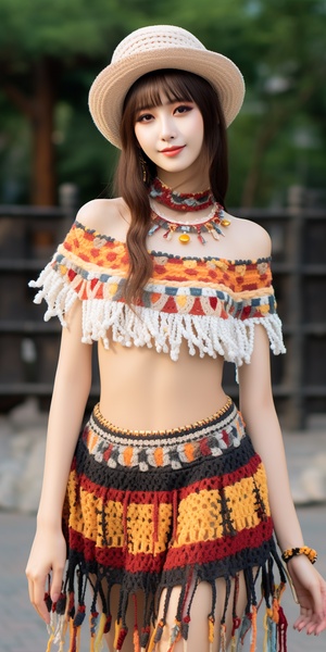 undefined crochet short knitting works, retro national headdress whole body national wind skirt beautiful face, colorful, full body photos, creative v 6.0ar 1:1