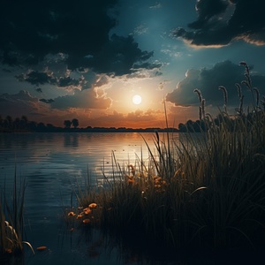 a moon rises over a lake with tall grassy water, in the style of romantic and nostalgic themes, mysterious nocturnal scenes, light amber and sky-blue, captivating documentary photos, massurrealism, joyful celebration of nature, lively nature scenes