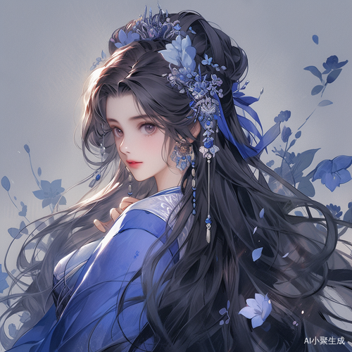 长发蓝色服装的中国女孩在黑暗浪漫插图中展现童话学术界