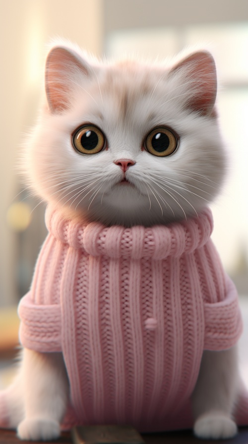 Full body 3d rendering of a cute kitten, big eyes, pink sweater, clear focus, super realistic,fluffy, Unreal Engine 5 quality rendering, 3D,rendering, furry。站立 v 5.2 ar 3:4