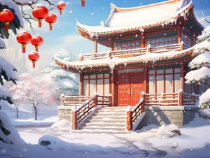 Beautiful Chinese New Year Snow House Painting