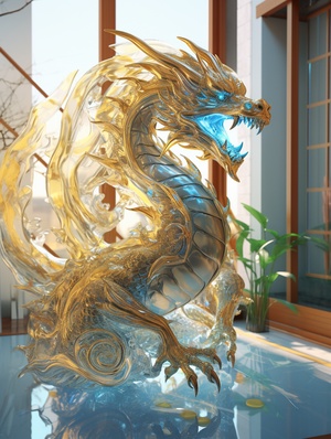 Extreme panoramic view, extreme bottom view, a glittering golden dragon around the house::2, cyberpunk, sculpture, glass texture, surreal fluid, futuristic, c4d, OC, strong airflow impact, dreamlike meaning, shining blue magic light.Strong light, fluid color combination. Surrealdetails, 8k,ar 16:9$ 400nji 5