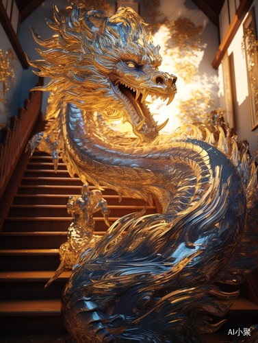 Extreme Panoramic View of Cyberpunk House with Glittering Golden Dragon