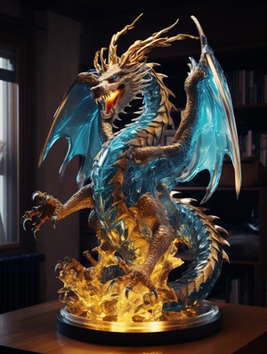 Extreme panoramic view, extreme bottom view, a glittering golden dragon around the house::2, cyberpunk, sculpture, glass texture, surreal fluid, futuristic, c4d, OC, strong airflow impact, dreamlike meaning, shining blue magic light.Strong light, fluid color combination. Surrealdetails, 8k,ar 16:9$ 400nji 5