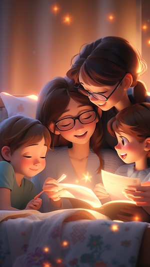 Mother, a son and two daughters, the son is a brother, reading a book in a warm bedroom, comfortable. Animation, cuteness and color, long-distance and long-distance high detail. High-quality, physics-based rendering style, Bi Gong, octane renderer, realistic picture, soft light Pixar style characters. Low angle shooting, super realistic oil painting, exaggerated perspective. Realistic 8k-ar 2:3-s 750-q 2