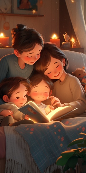 Mother, a son and two daughters, the son is a brother, reading a book in a warm bedroom, comfortable. Animation, cuteness and color, long-distance and long-distance high detail. High-quality, physics-based rendering style, Bi Gong, octane renderer, realistic picture, soft light Pixar style characters. Low angle shooting, super realistic oil painting, exaggerated perspective. Realistic 8k-ar 2:3-s 750-q 2