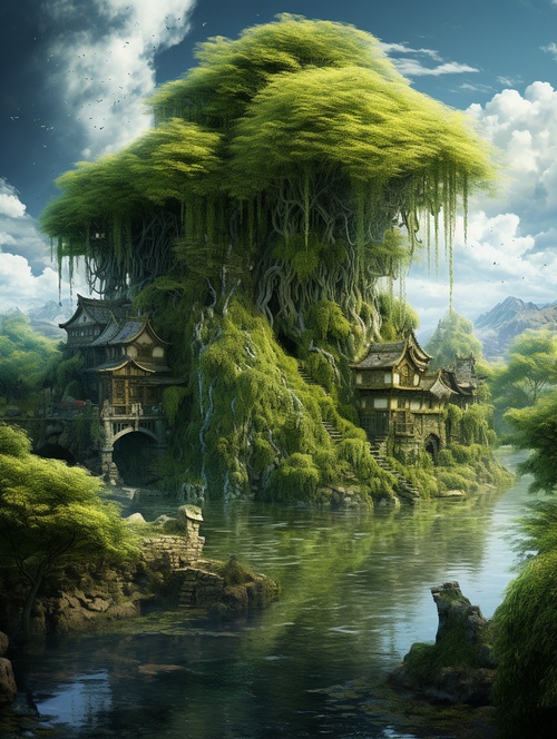 The willow tree in front of the house features a style of digital fantasy scenery, Chinese countryside, romantic river scenery, flowing lines, rural punk, green, and bold scenery