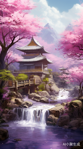 樱花粉紫色小溪古刹正午温暖4k高清