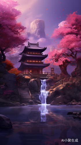 樱花粉紫色小溪古刹正午温暖4k高清