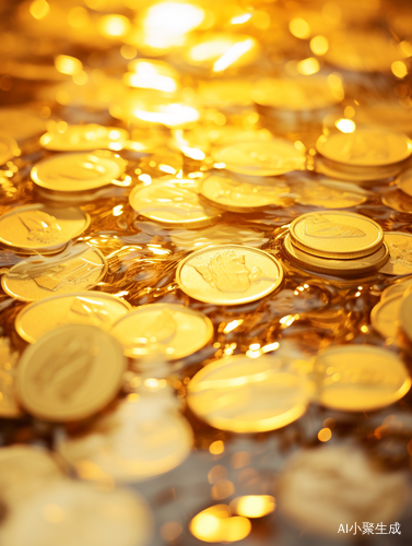 特写视图下的闪烁黄金金币和透明浅黄色水波纹