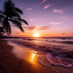 Serene Sunset Beach with Golden Sand and Palm Tree