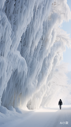 透明照片中的雪中孔雀水杉和冰雾景观