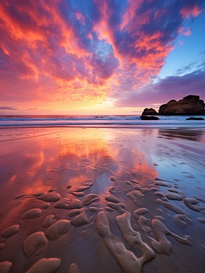 A stunning sunset paints the sky with vibrant hues of orange and pink, casting a warm glow over the calm ocean and gentle waves lapping against the sandy beach, fluffy white clouds drifting lazily overhead, serene and tranquil atmosphere, realistic photography executed with a wide-angle lens capturing the expansive view