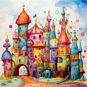 Whimsical fantasy illustration with colorful towers,in the style of ceramic street art,intricate pwn drawings,cottagepunk,Jan berenstain,realistic yet imaginative,childs drawing,bold and vibrant watercolorar3:4v6.0