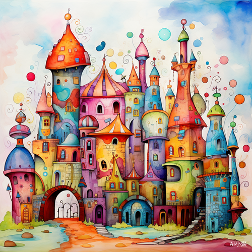 Whimsical Fantasy Illustration with Colorful Towers