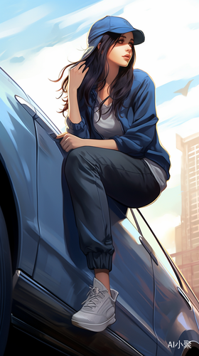 Aesthetic Blue-Haired Girl Sitting on Car Hood