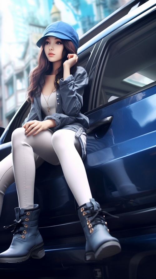 a woman sitting on the hood of a car, an anime drawing, by Shitao, pixiv, :drooling face: :leg:!!!, beautiful blue haired girl, noire photo, ((photorealistic)), kantai collection style, drawn in the style of artgerm, blueberry, shy looking down, a-1 pictures niji 5