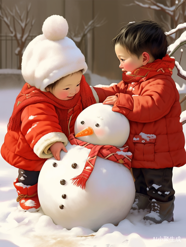 冬日欢乐：可爱红棉袄的小朋友们打雪仗堆雪人