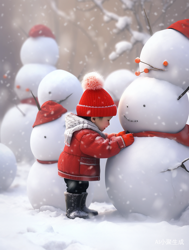 冬日欢乐：可爱红棉袄的小朋友们打雪仗堆雪人