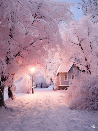 粉色雪景下的参天大树与小房子