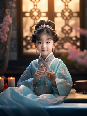 Cute Chinese Girl in Blue Hanfu Gazing at the Sky