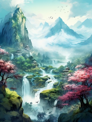 中国插画风中的超高清春意盎然美景