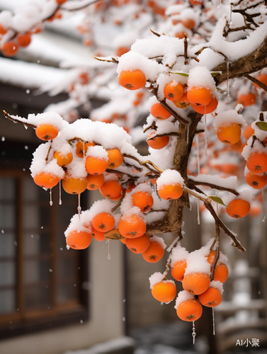 柿子树下的江南雪花景色