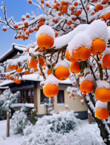 柿子树下的江南雪花景色