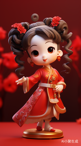 Chinese New Year: Cute Little Girl in Traditional Cheongsam with Lion Dancer Toy