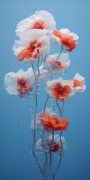 Close-up, lowered head, poppy flowers made of water , floating in the air, by akos major,abstract, motion blur, frozen moment, stunning imagination, 雾霾蓝和白色, dissipate, as silky as water