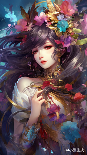 神秘紫色长发女性角色的花朵背景壁画