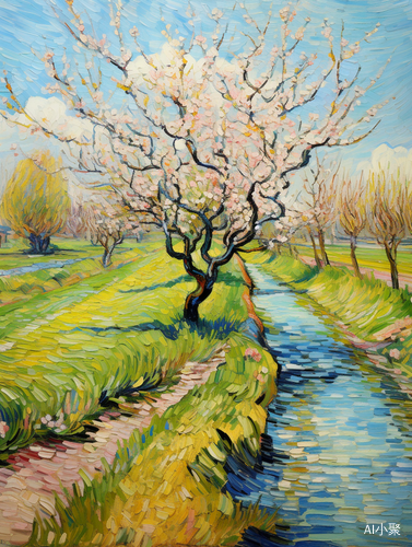 Van Gogh-inspired Blossoming Orchard in Serene Countryside