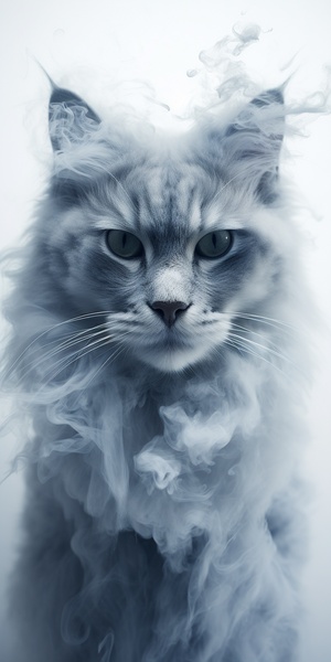 Close-up, lowered head, cats made of smoke, floating in the air, by akos major,abstract, motion blur, frozen moment, stunning imagination, 雾霾蓝和白色, dissipate, as silky as water