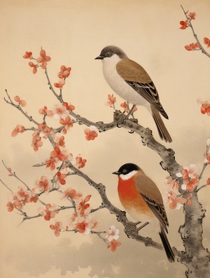 一幅描绘鸟和梅花的画，风格坦率安静，水墨画，水墨画——第5.2节——雅3:4