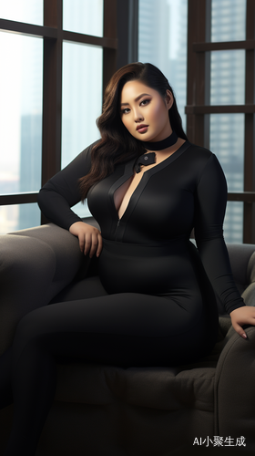 微胖中国女人在明亮窗台前坐着