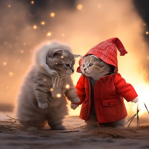 two little cute cattens are playing fireworks on beach, one is British shorthair silver shaded and the other is British shorthair golden shaded, the British shorthair golden shaded wears read sweater and red cap, the British shorthair silver shaded wears white down coat and woolen hat, extreme long shot, side view, romantic and intimateatmosphere, stylish costume design, charming characters, at night, blue sea, moon, festival mood, celebrating for thenew year ar 3:4v 6.0-Upscaled(Subtle)