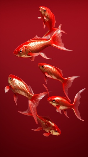 Gold Chinese Koi Fish Group on Red Background