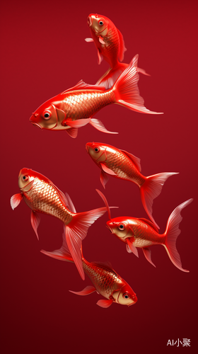 Gold Chinese Koi Fish Group on Red Background