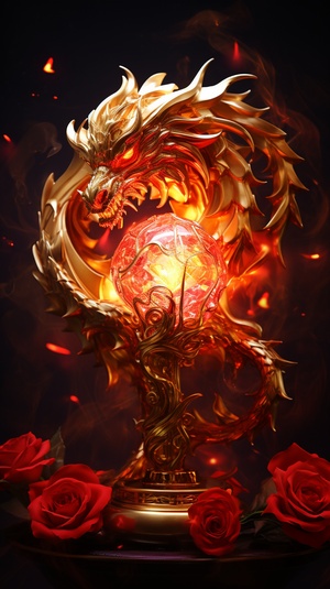 Flaming Red Rose with Diamond Starlight in Maldivian Starry Sky and Golden Chinese Angel Dragon Flame Propagation Lamp