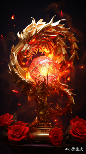 Flaming Red Rose with Diamond Starlight in Maldivian Starry Sky and Golden Chinese Angel Dragon Flame Propagation Lamp